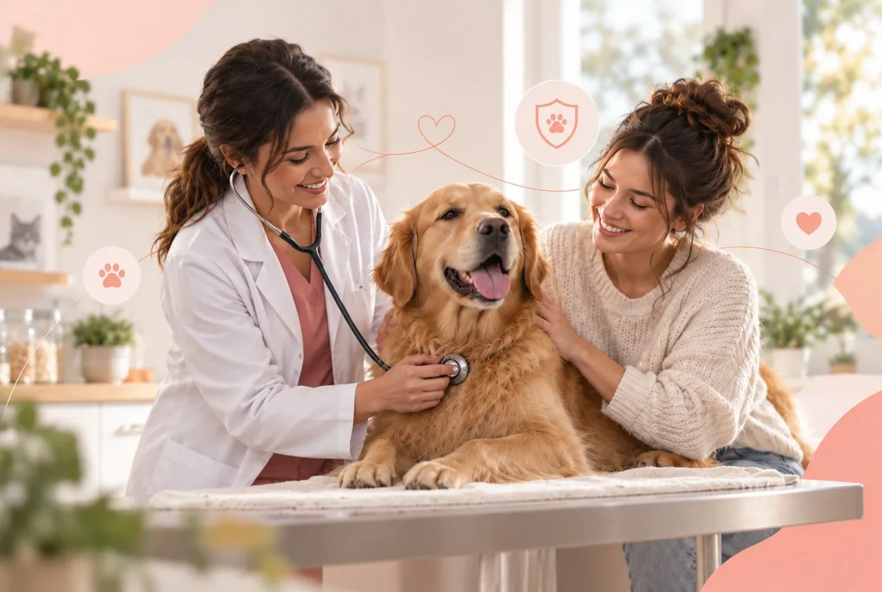 Veterinarian discussing a dog’s care with an owner in an examination room